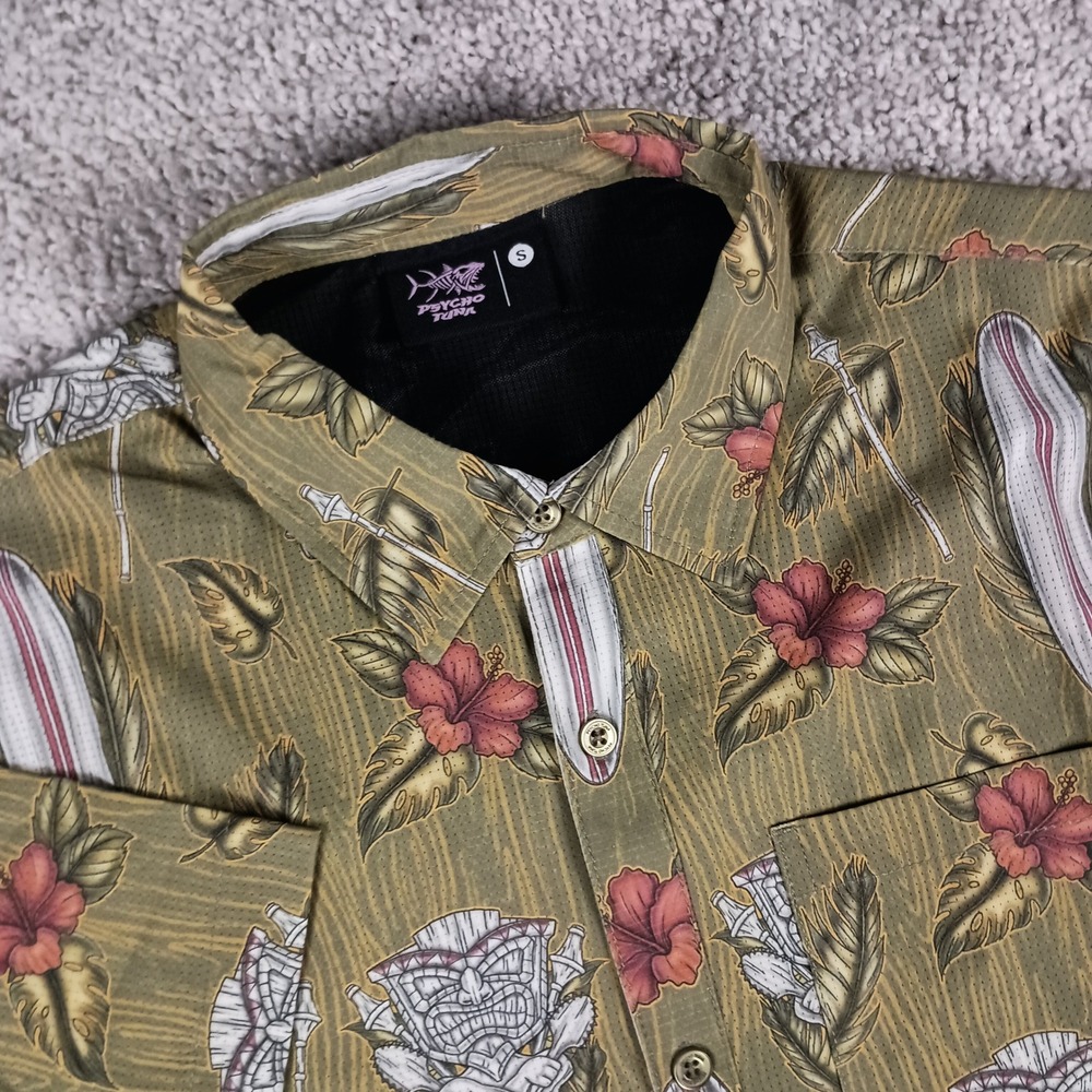 New Psycho Tuna Small Mens Olive Green Tiki Surfboard Print Button Down Shirt
